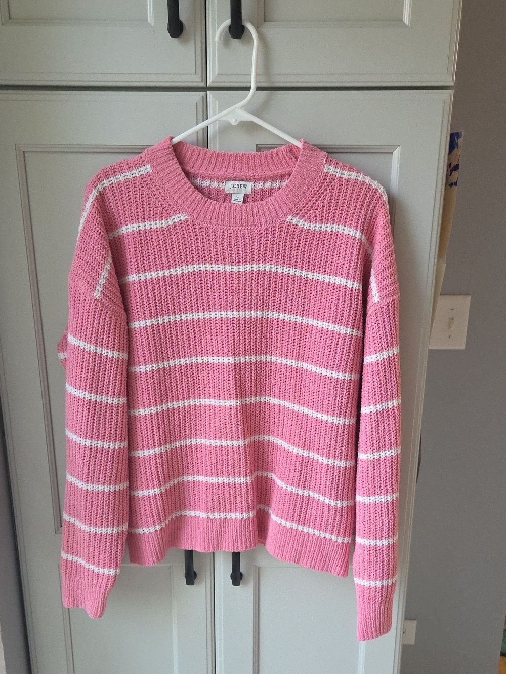 J. Crew Pink Crewneck Sweater with White Stripes